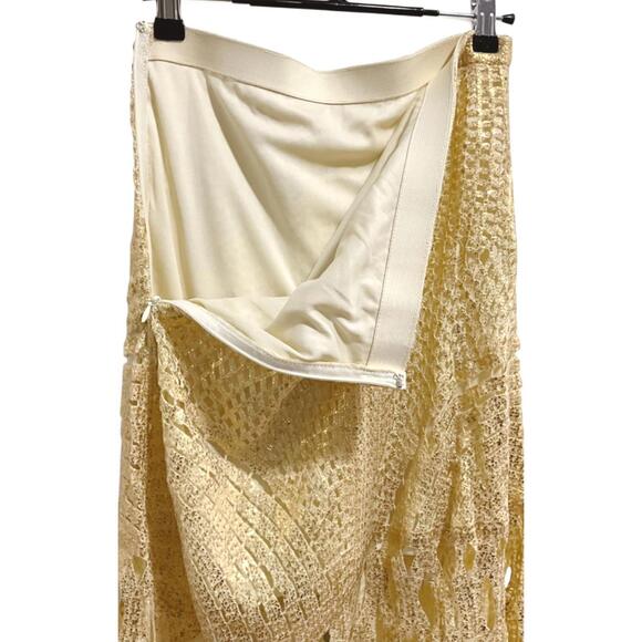 NWT Elegant Euro | SZ S | Knotted Crochet Lace Gold Metallic A-Line Maxi Skirt - Picture 6 of 11